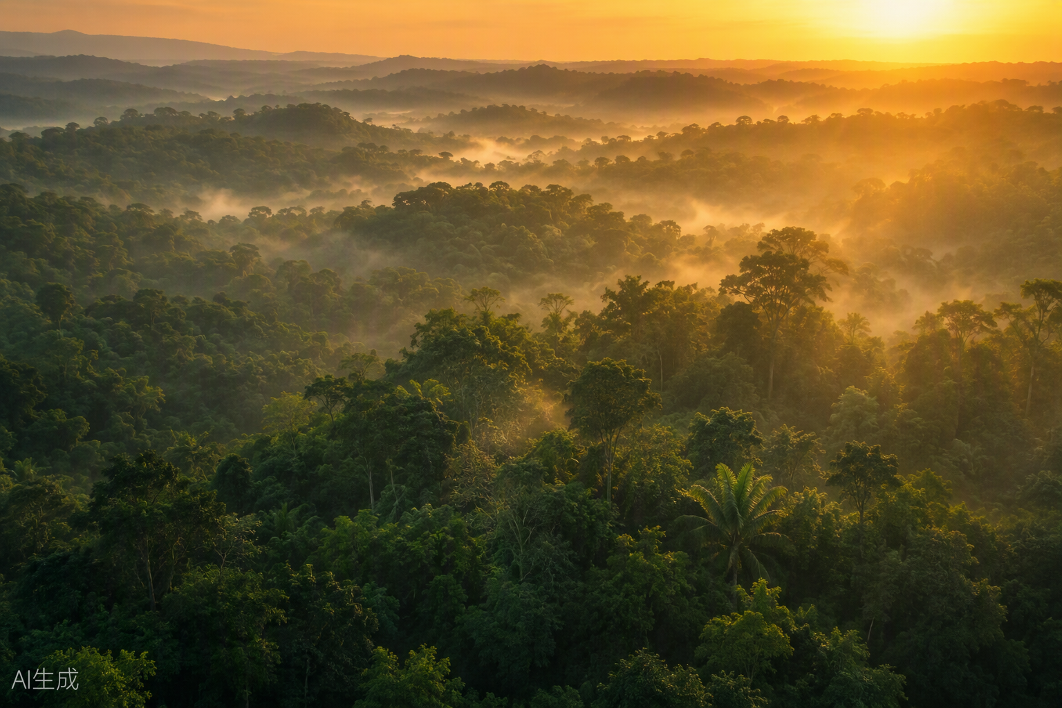 Forest carbon sink at sunrise