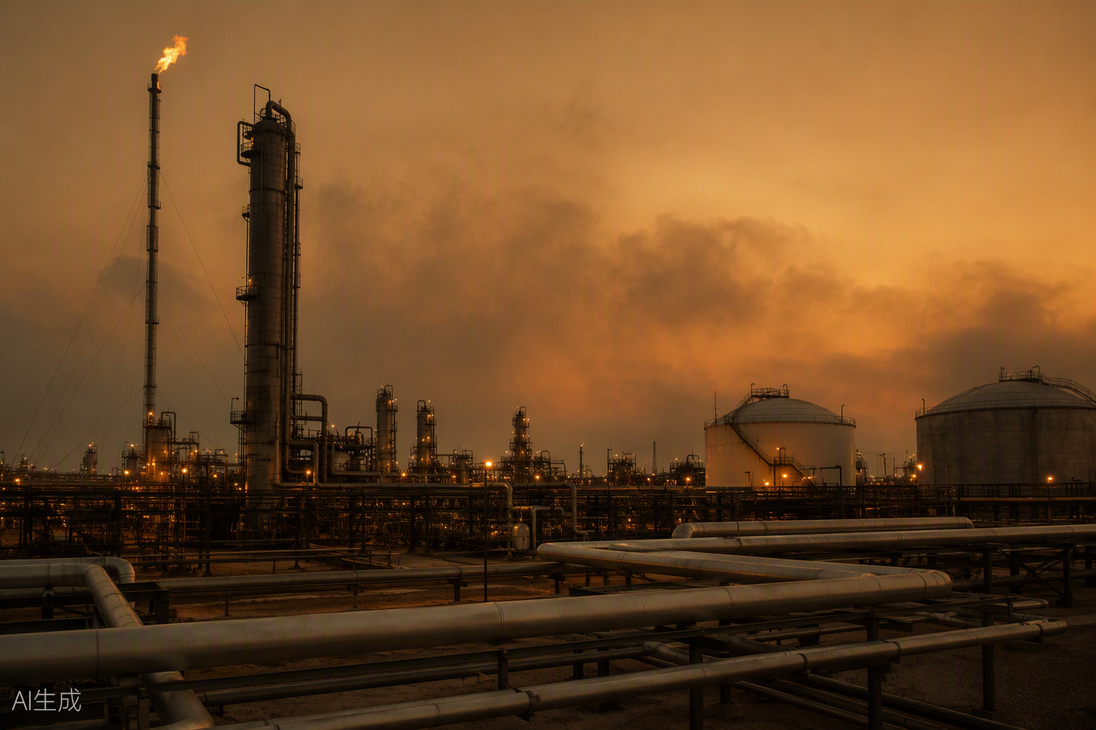 Oil and gas processing facility at dusk